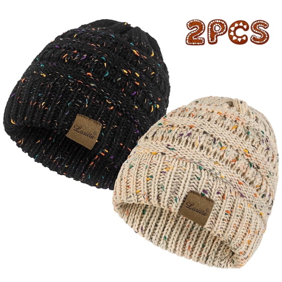 Loritta 2 Pack Womens Hats Thick Fleece Winter Beanie Hats for Women Mixed Black and Beige