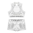 thumbnail image 4 of iixpin 2PCS Kids Girls Shiny Metallic Jazz Dance Wear Outftit Mock Neck Crop Top and Booty Short Silver 8, 4 of 7