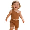 thumbnail image 4 of Huowey Girls Baby Summer Outfits Solid Color Sleeveless One Shoulder Crop Top Shirt And Elastic Waist Wide Leg Shorts Stylish Breathable Soft Cozy Dailywear Sets,Brown,3-4 Years, 4 of 4