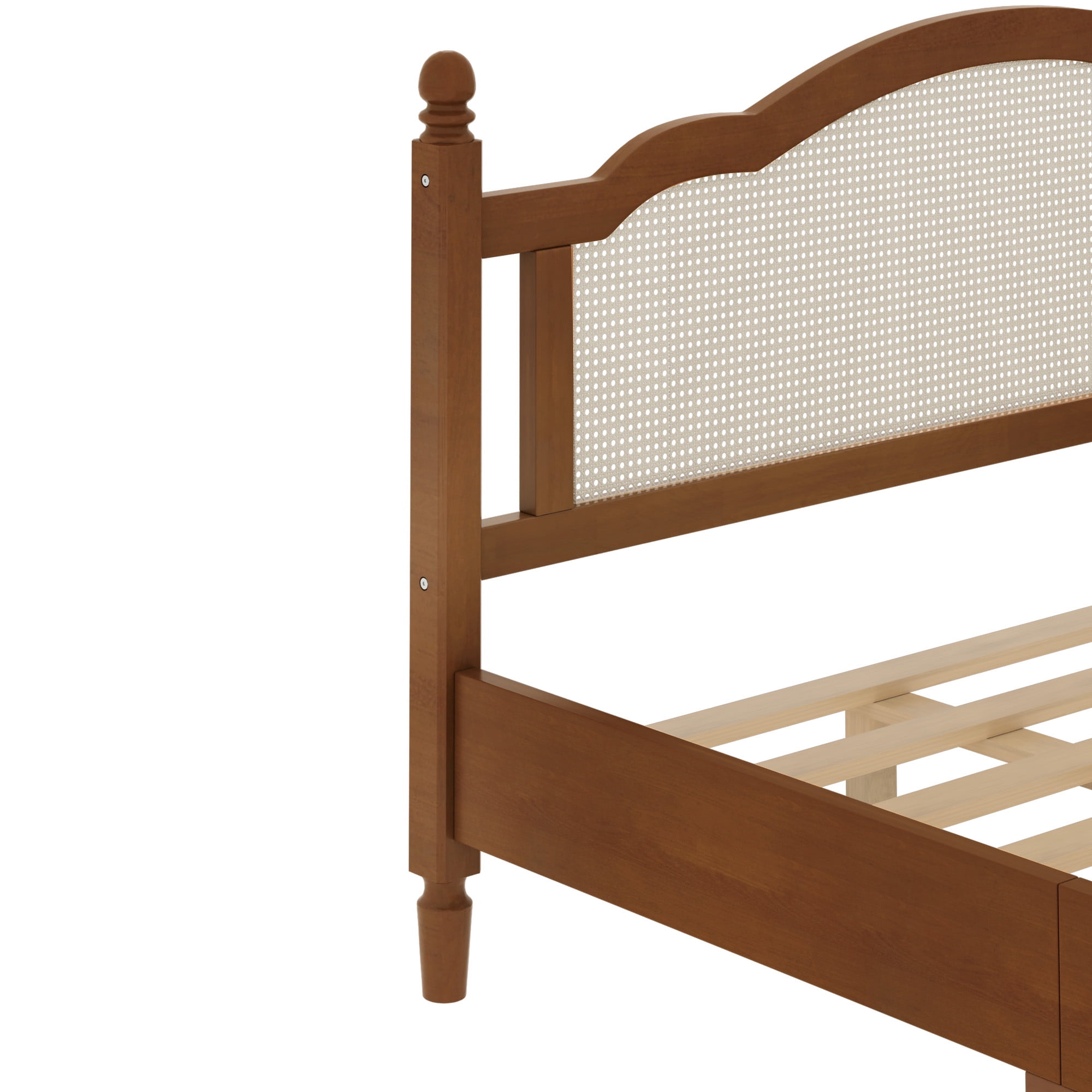 Euroco Wood King Size Platform Bed with Rattan Headboard, Vintage Bed Frame, Walnut
