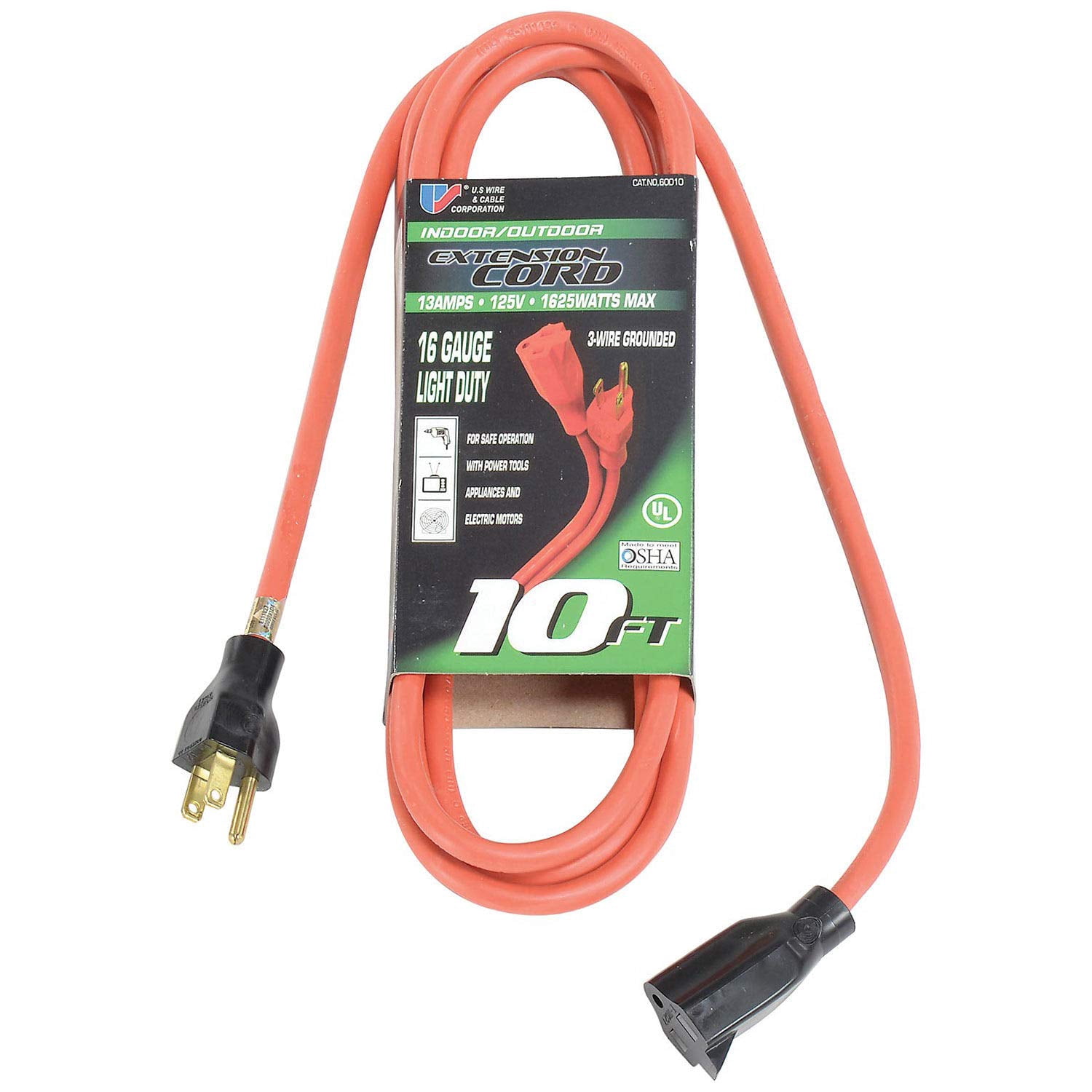 U.S. Wire 60010 10 Ft. Three Conductor Extension Orange Cord 16/3 Ga. SJTW-A 300