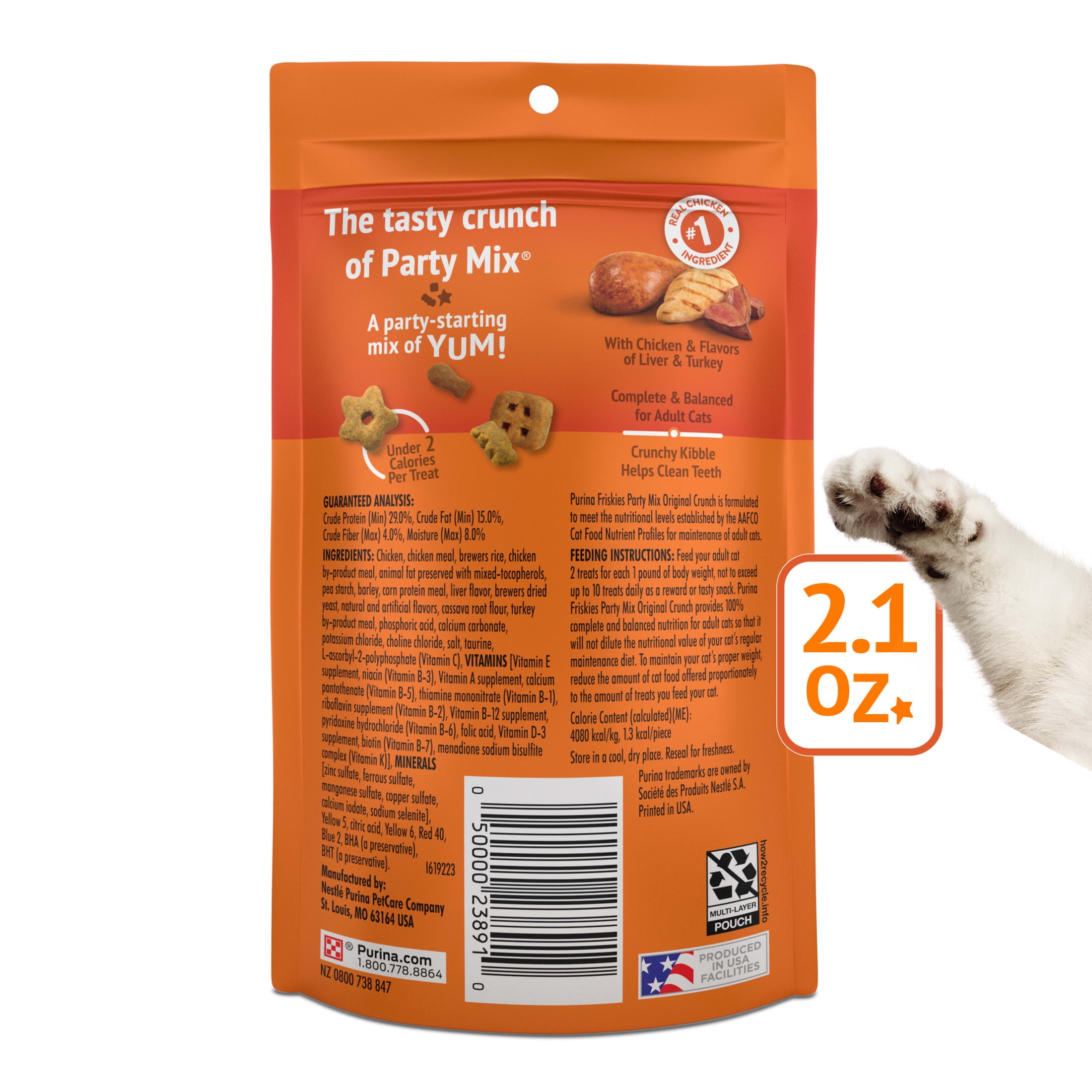 (4 pack) Purina Friskies Party Mix Original Crunch, Cat Treats, Chicken, Liver, & Turkey, 2.1 oz Bag