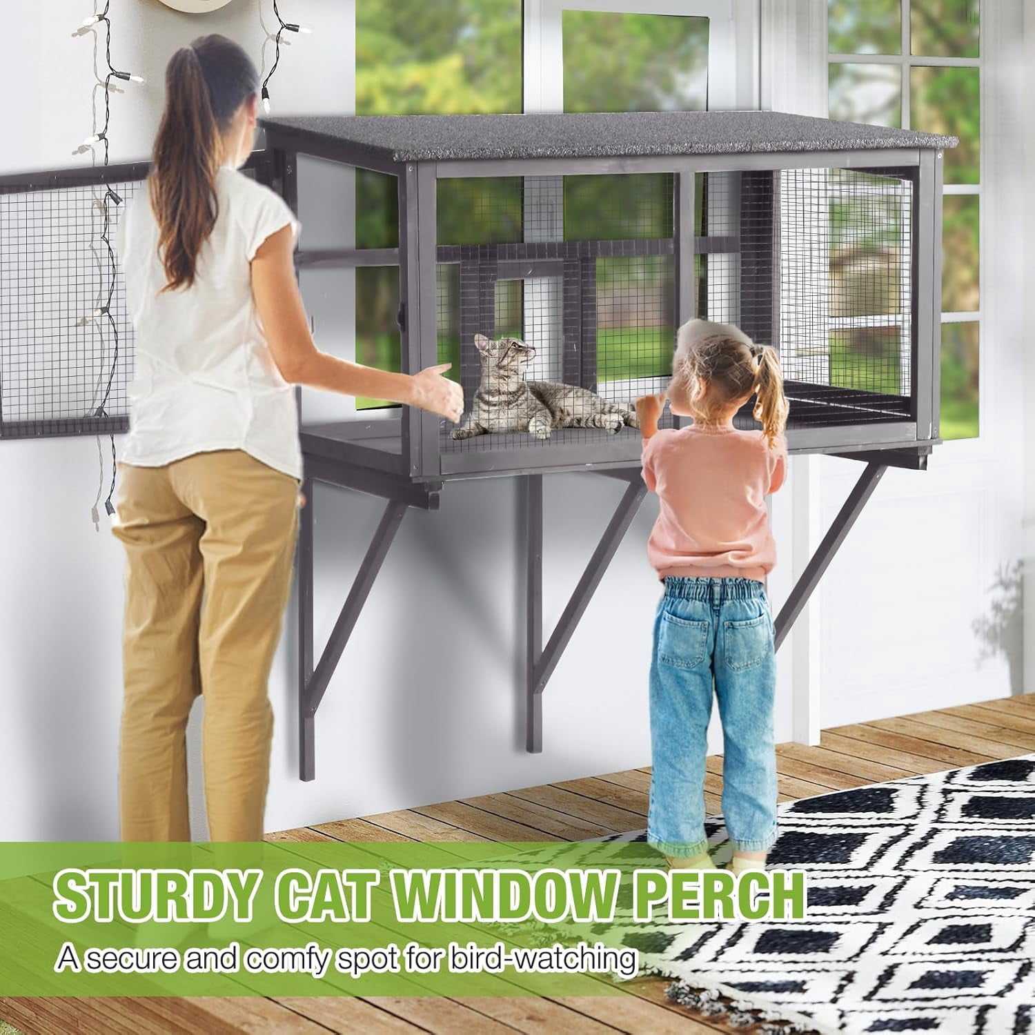 MEDEHOO Outdoor Cat Enclosure & Window Perch - High Density Wire Mesh, PVC Back Door, Bug-Proof (39.4" L × 22.8" W × 43.4" H)