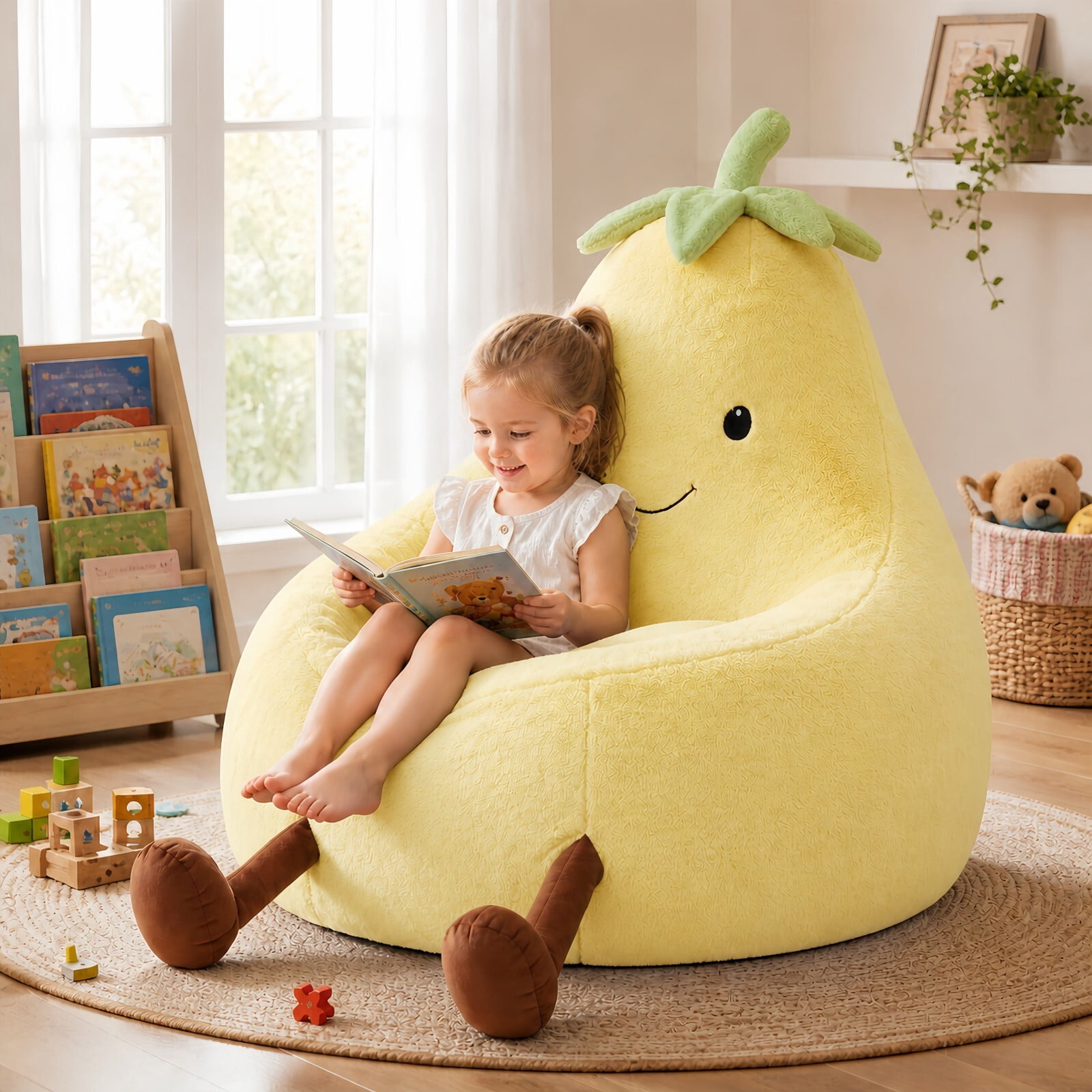 Kelno 24" Kids Bean Bag Chair Faux Rabbit Fur Lazy Chair Toddler Couch, Yellow