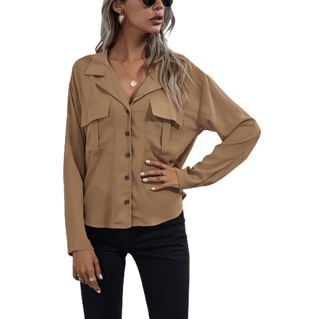 VISgogo, blusas de chifón salvaje a la moda para mujer, camisa de un solo pecho con cuello vuelto de Color sólido, Tops informales de manga larga para oficina para mujer VISgogo moda