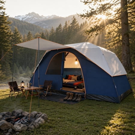 COBIZI 8-10-12 Person Family Camping Tent, 15x9FT Spacious Open Interior with Panoramic Mesh Roof, Waterproof & UV Protection, Easy Setup with Removable Rainfly, Dark Blue