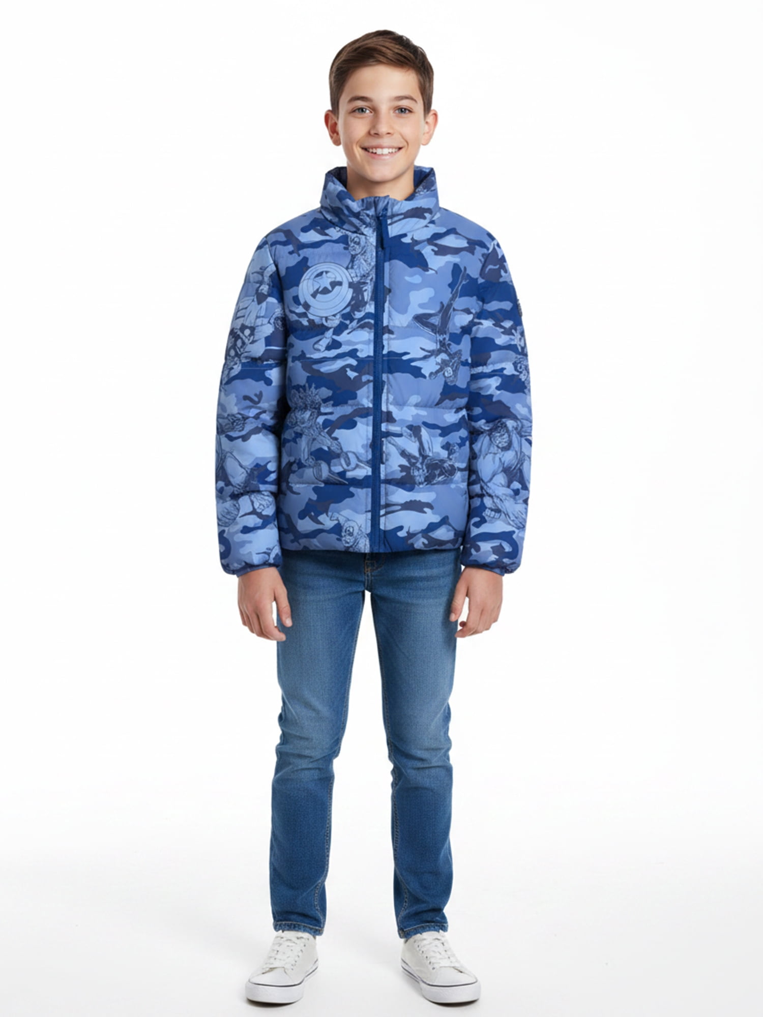 Boys’ Avengers Camo Print Puffer Jacket, Light Blue, Sizes XS–XL