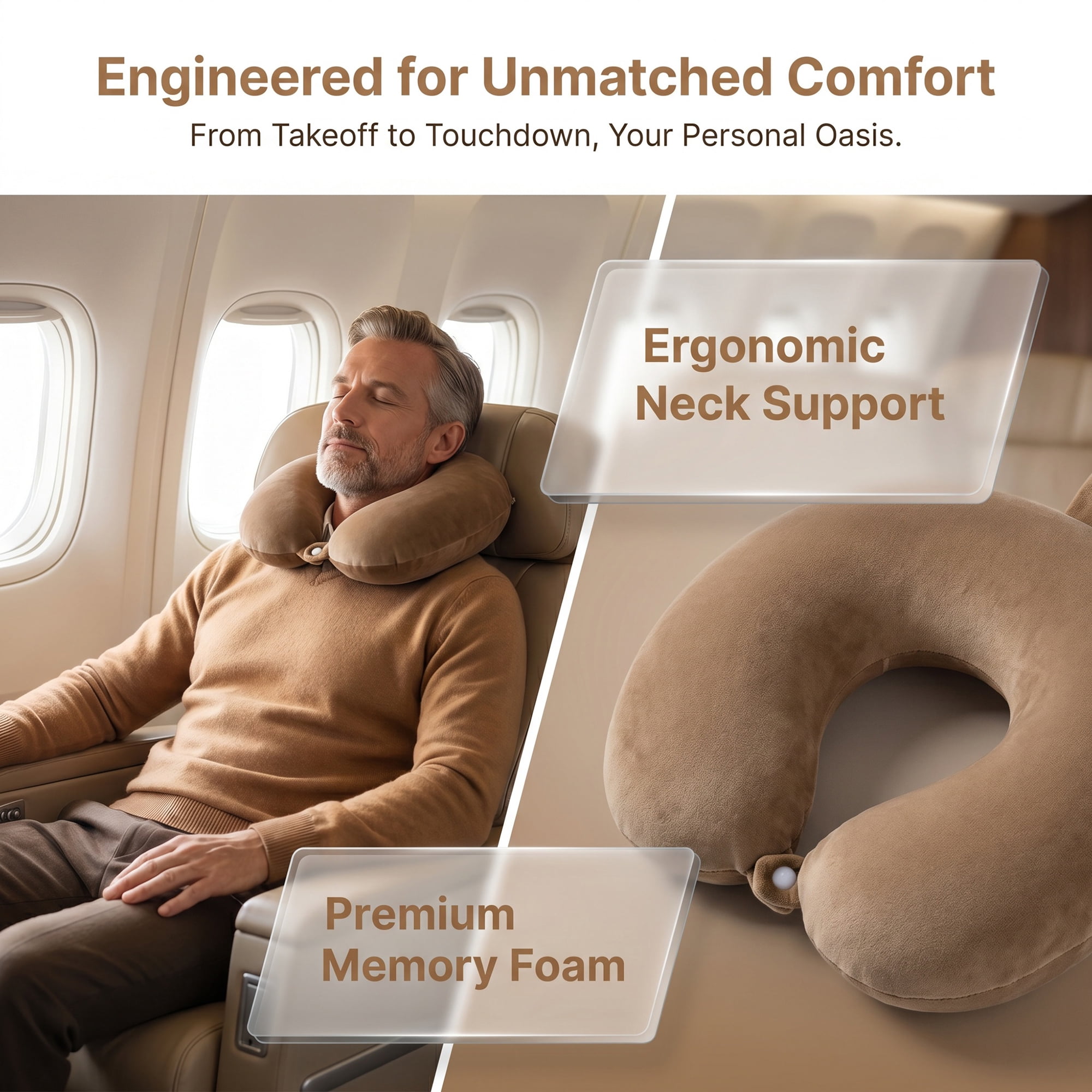 Unique Bargains Memory Foam Travel U Shape Neck Pillow Snap Closure Khaki 12"x12"x4"
