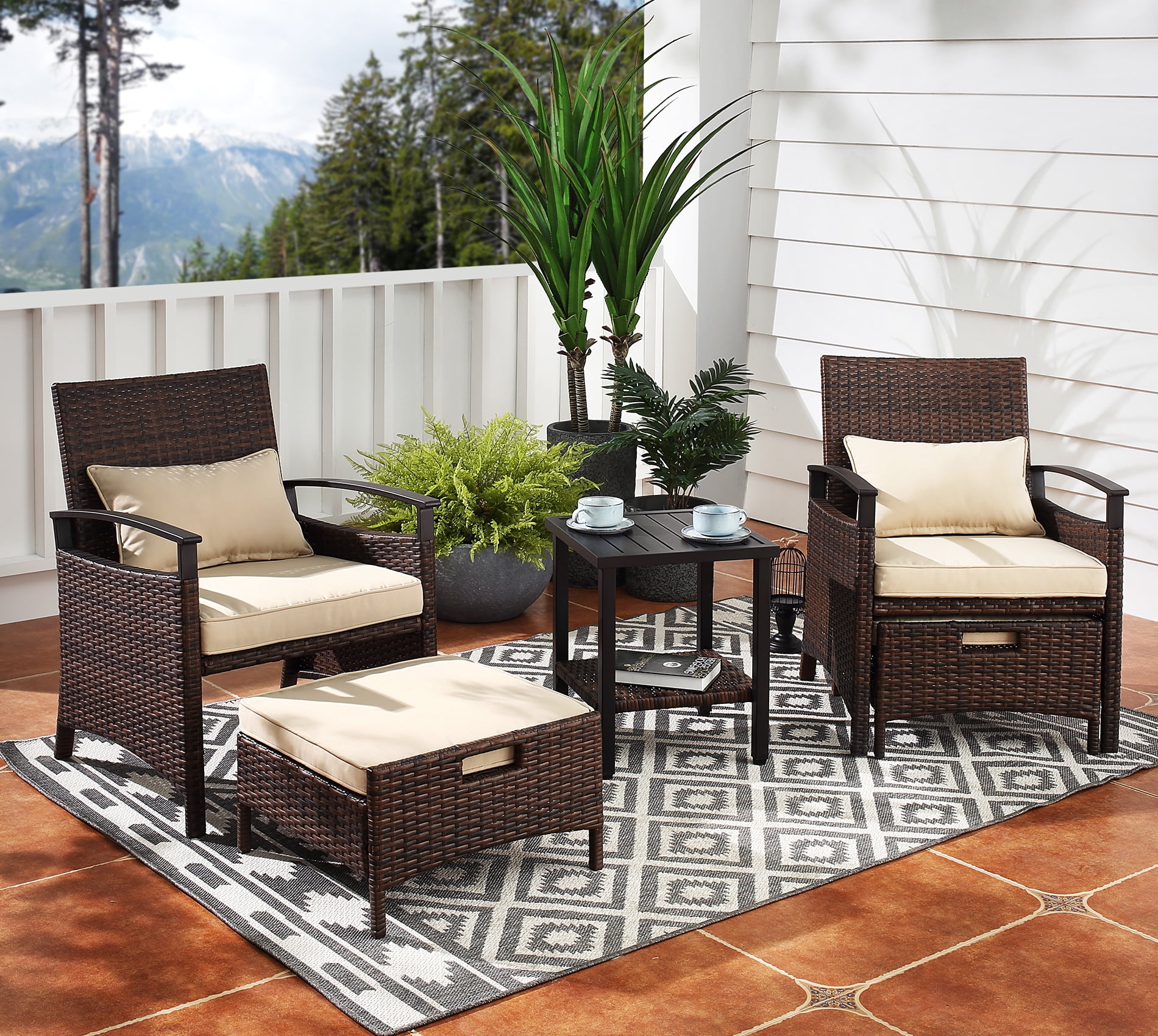 WAMPAT 5 Pcs Mixed Brown Color Patio Furniture Sets Plus Size Wicker
