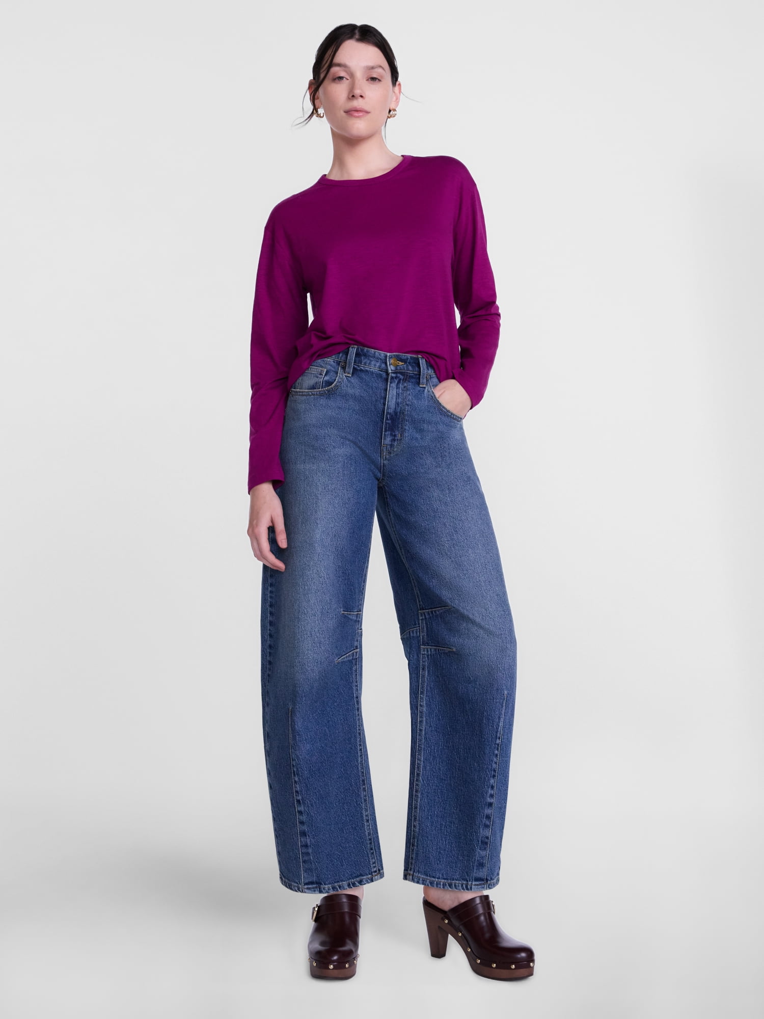Scenario Women's and Women's Plus Relaxed Slub Tee with Long Sleeves, Sizes XS-4X