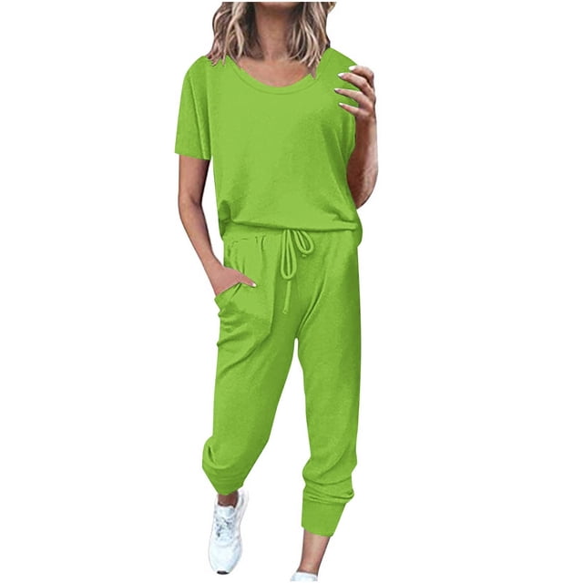 Yuyuzo Ensembles d'Entraînement pour Femmes 2 Pcs T-Shirts à Manches Courtes à Col Ras du Cou Pantalons Jogger à Cordon avec Poches