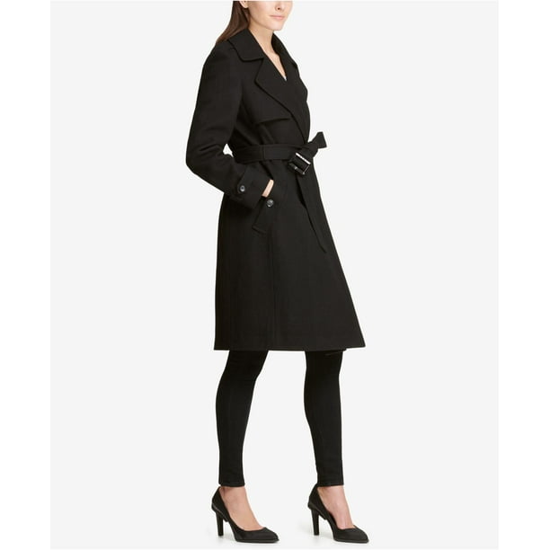 DKNY BLACK Women's Plus Size Double-Breasted Wool Blend Trench