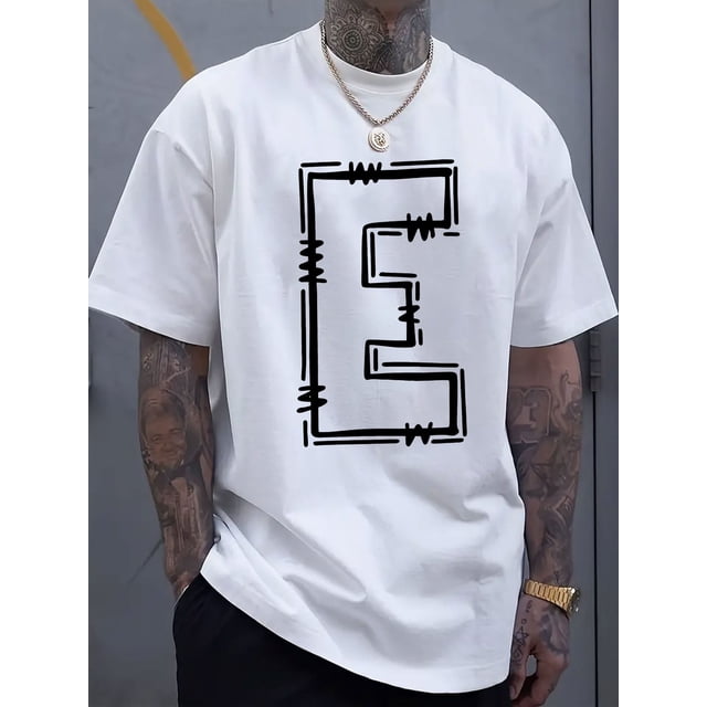 Simple and stylish E-letter printed men's round neck short sleeved T-shirt, comfortable and breathable casual sports top suitable for spring and summer vacation leisure