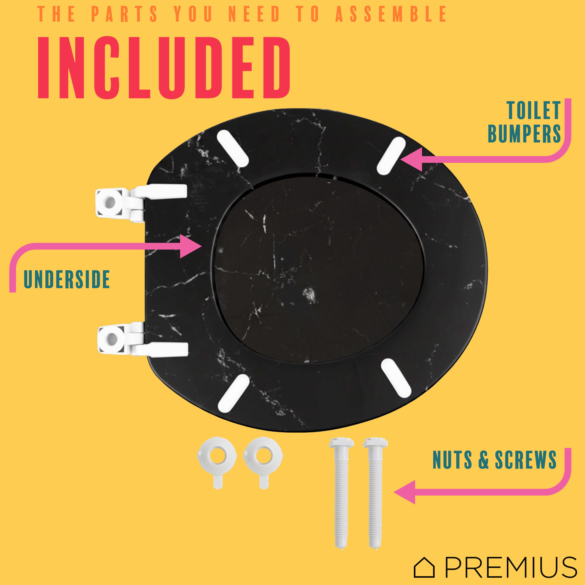 PREMIUS Printed MDF Wood Round Toilet Seat with Plastic Hinges, Black Marble, Standard 17 Inches
