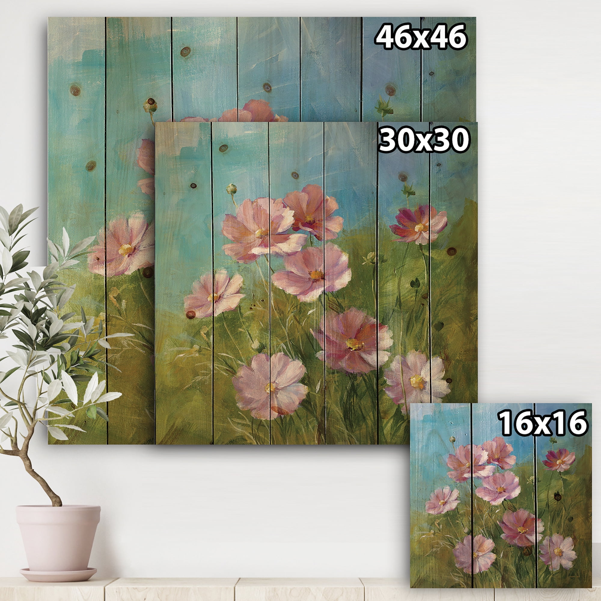 Designart 'Red Wildflowers on A Green Meadow' Traditional Print on Natural Pine Wood