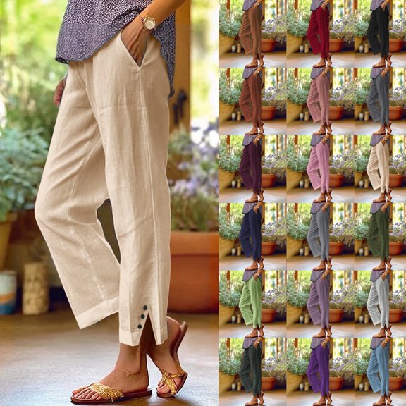 Chroia Women Solid Cotton Linen Pants, Elastic Drawstring Waist Straight Leg Button Slit Cropped Beach Trousers with Pockets