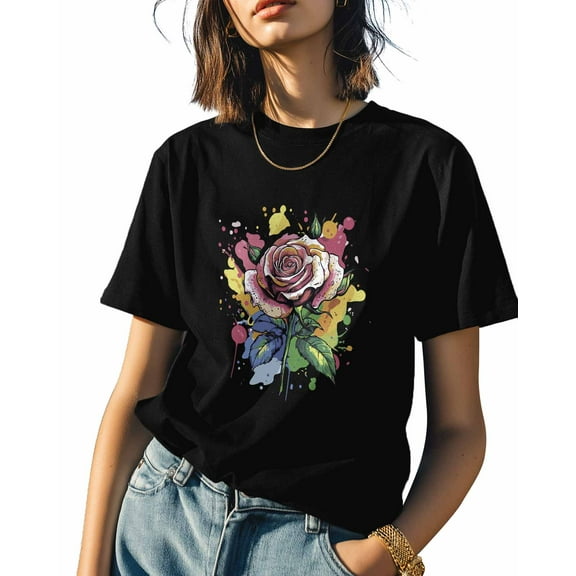 Women's T-Shirts, Rose Graffiti Flower Paint Cotton Crewneck Tee Short Sleeve Casual Tops Loose Graphic T-Shirt Black, L