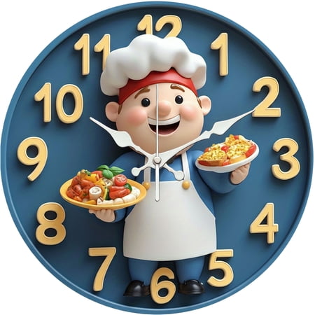 Hoease 10 Inch Silent Wall Clock, Chef Food 3D Decorative Wall Clock, Battery Operated Non-Ticking Round Clock for Living Room Kitchen Chef Home Decor
