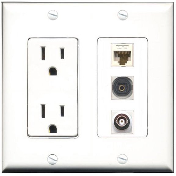 RiteAV - 15 Amp Power Outlet 1 Port Toslink 1 Port BNC 1 Port Cat6 Ethernet Ethernet White Decorative Wall Plate