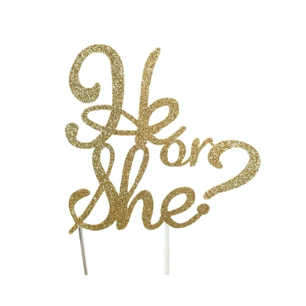 Handmade Gender Reveal Cake Topper Decoration He Or She Made In Usa With Double Sided Gold Glitter Stock Walmart Com Walmart Com