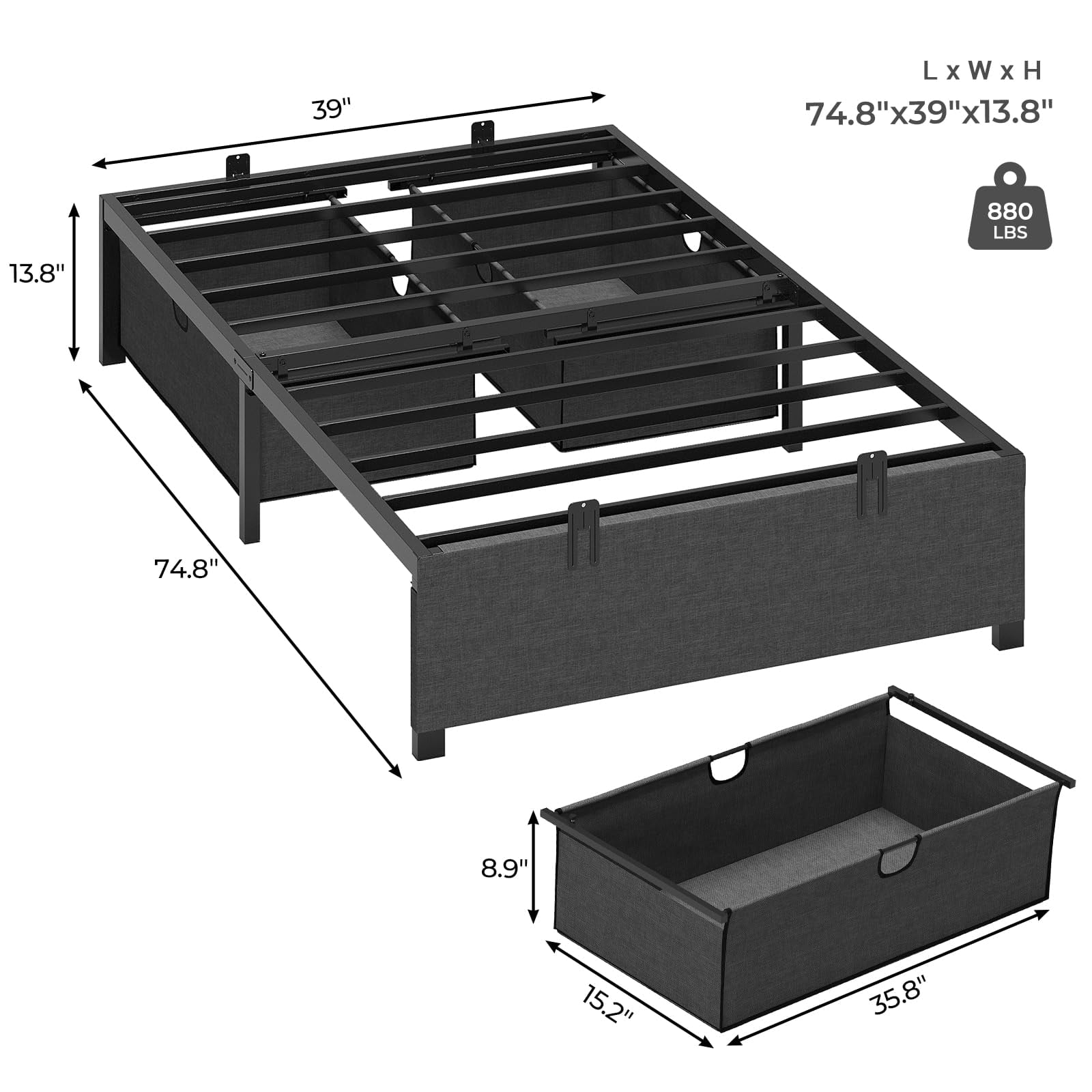Afuhokles Twin Bed Frame with 2 Large Storage Drawers, Platform Metal Bed, Dark Grey