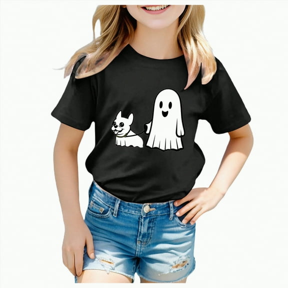 CAUYDY Toddler Baby Boy Girl Halloween Shirt Spooky Ghost Boo Graphic Tshirt Little Kids Fall Short Sleeve Tee Tops(Black,8-9 Y)