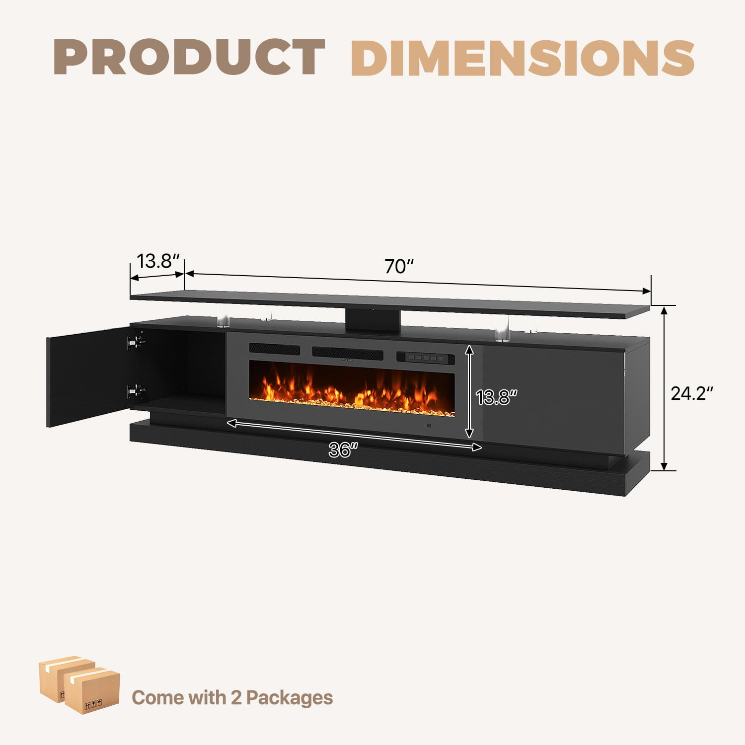 BaPiPro 70" Fireplace TV Stand for TVs Up to 80", Modern Entertainment Center, Black TV Console with 36" Electric Fireplace & LED Lights, Black