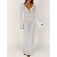 thumbnail image 6 of Womens V Neck Crochet Maxi Dress Bell Sleeve Bodycon Long Summer Dress Hollow Out Beach Vacation Cover Up, 6 of 7