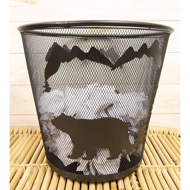 Rustic Black Bears By Pine Trees And Mountains Metal Wire Waste Basket Trash Bin