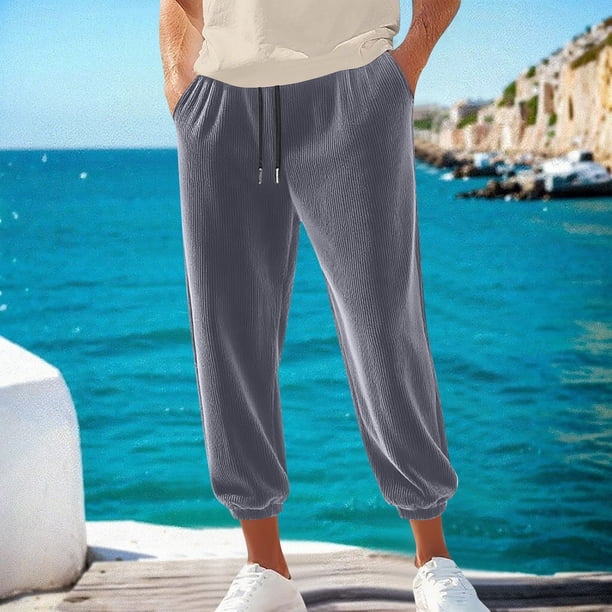 Pantalones largos para hombre, informales, de pana, con bolsillo y cordón, cintura elástica, color liso, para correr