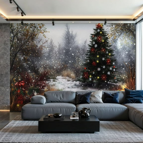 Prxcm Peel and Stick Canvas Wallpaper Christmas Forest Tree Winter Happy New Year Snowy Woods Xmas Art Wall Mural Decor Self Adhesive and Removable 100"x 144"