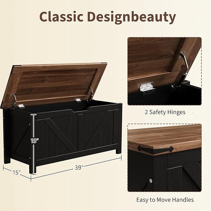 SOLLED 39.4" Retro Wooden Storage Bench & Chest, Lift-Top Trunk with Safety Hinges, Multifunctional Entryway Organizer & Toy Chest, Vintage Style for Living Room,White