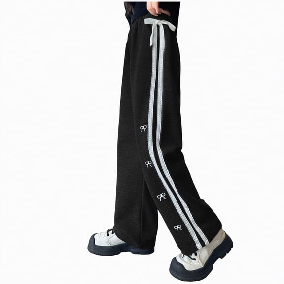kpoplk Girl's Baggy Sweatpants Letter Patched Wide Leg Pants Elastic Waist Long Trousers Joggers Trendy(Black,6-7 Y)