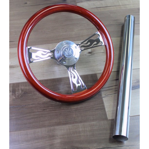 1970+ EZGo Golf Cart Chrome Flame Wood Steering Wheel w/ Column Cover Hub Kit"