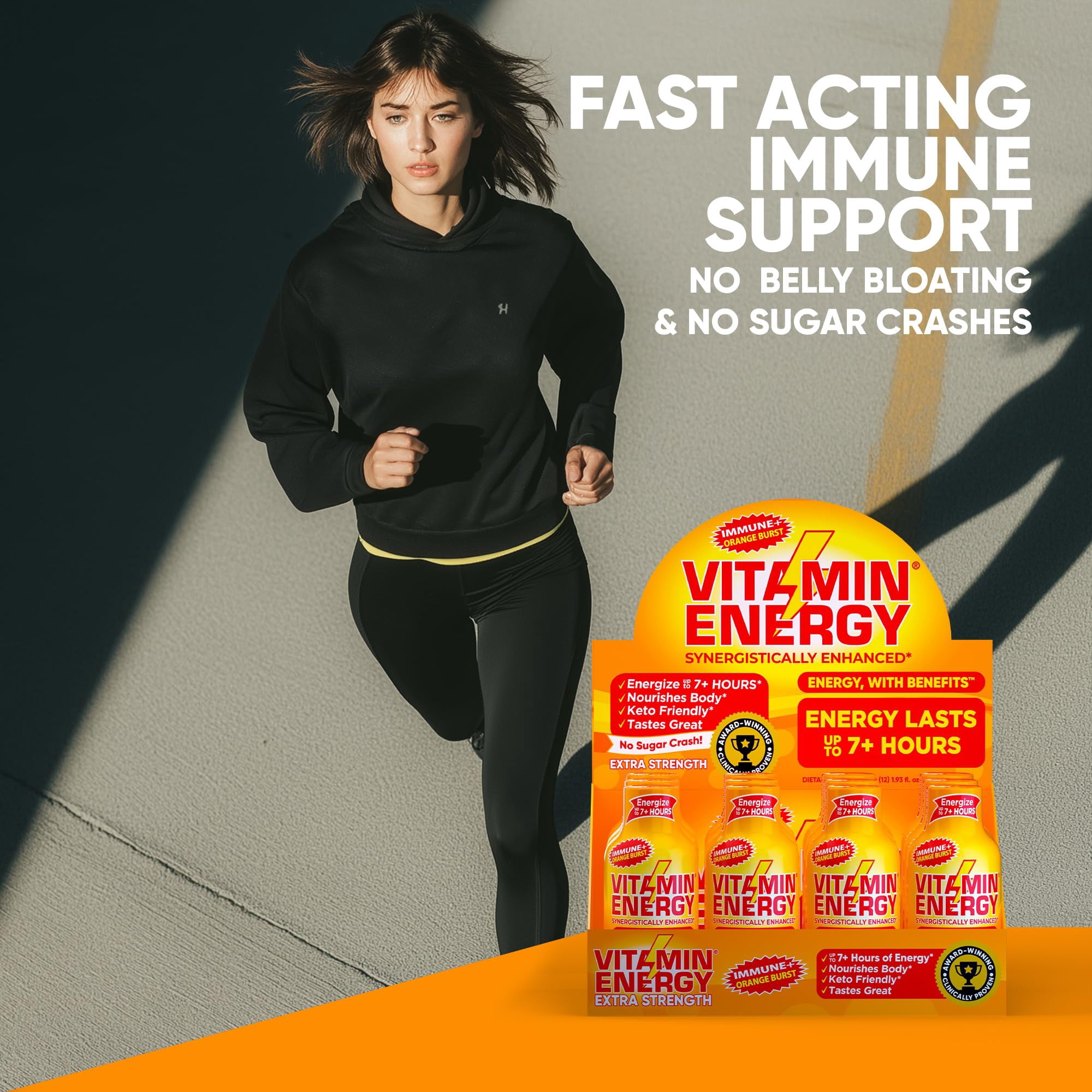 Vitamin Energy Immune+ Extra Strength Shot, Orange Burst, 48 Pack – 260mg Natural Caffeine, B-Vitamins & Citicoline, Zero Sugar, 1.93 fl oz