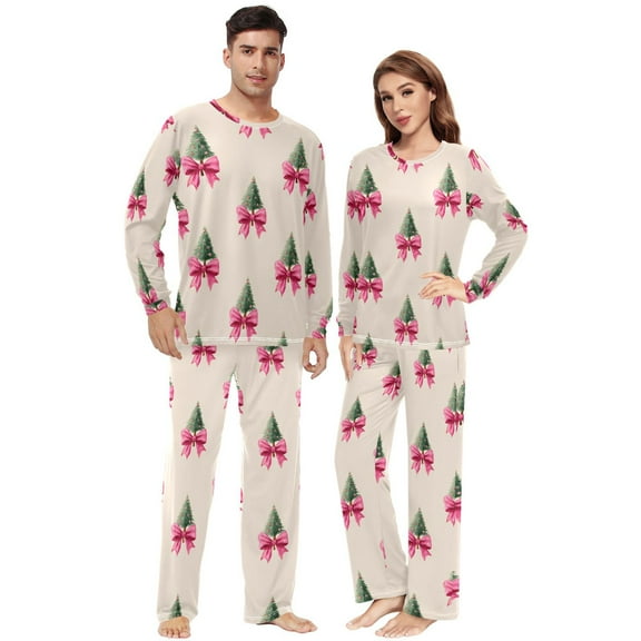 Matching Pajamas for Couples Christmas Tree Bow His and Hers Pajamas Sets Soft Long Sleeve Sleepwea