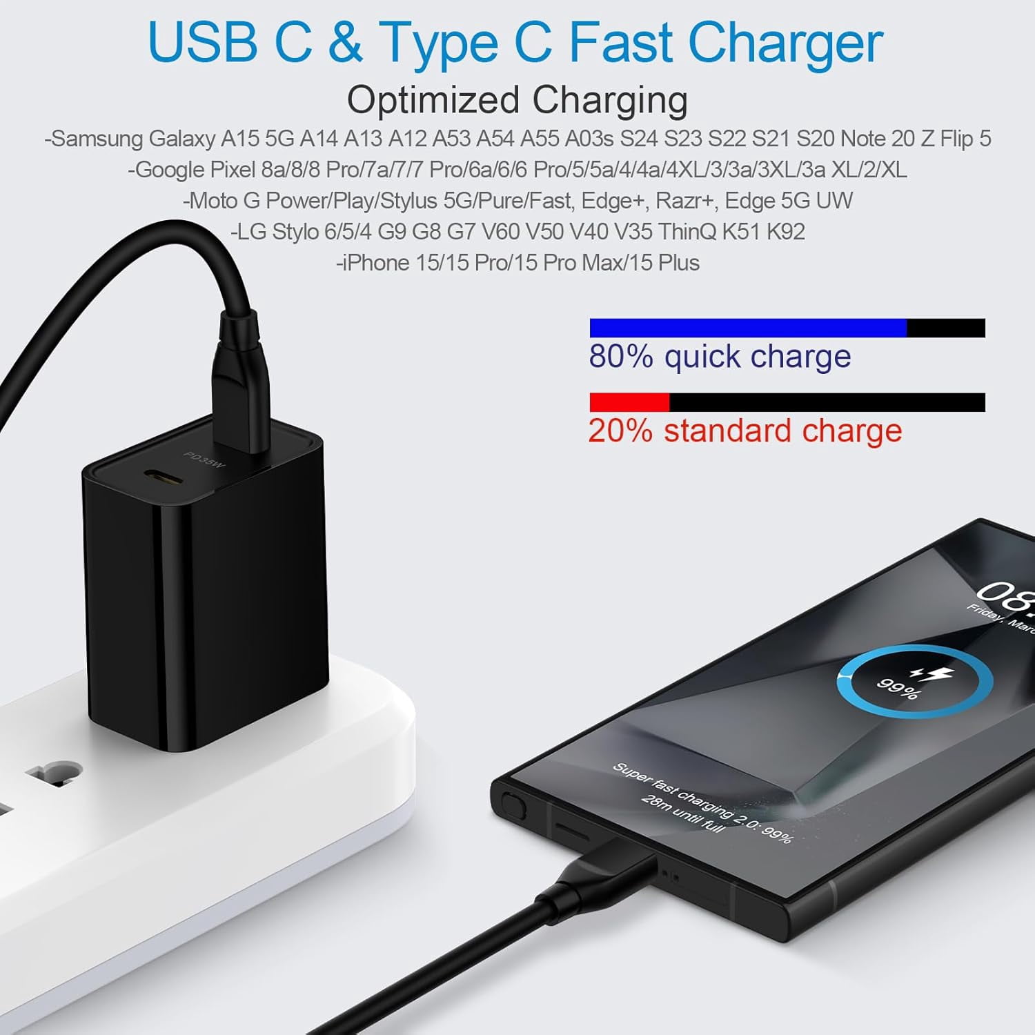 RGHJAR-35W Dual Port USB C Fast Charger Block for Samsung Galaxy S26 Ultra S26+ S26 S25 FE S24 S23 S22 S21 A36 A56 A17 A16 5G A15 A14, Pixel 10a 9 Pro XL Fold 8a 7 Pro, Type C Power Adapter 6FT USB C
