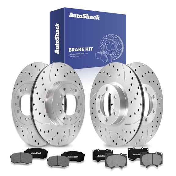 AutoShack Front & Rear Drilled Slotted Brake Rotors Premium Ceramic Brake Pads | Replacement for 2010-2014 Toyota FJ Cruiser 4.0L V6 4WD RWD | Silver Zinc Coated | 12-PC Brake Kit | SilverShield Pro