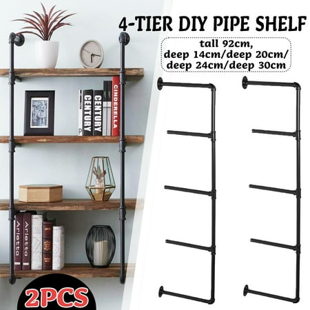 Iron Wall Shelf Brackets 2 PCS 4 Tier Industrial Retro Bookshelf Black Wall Ceiling Mounted Open Bookshelf Parts Bracket Iron Pipe Shelf ()