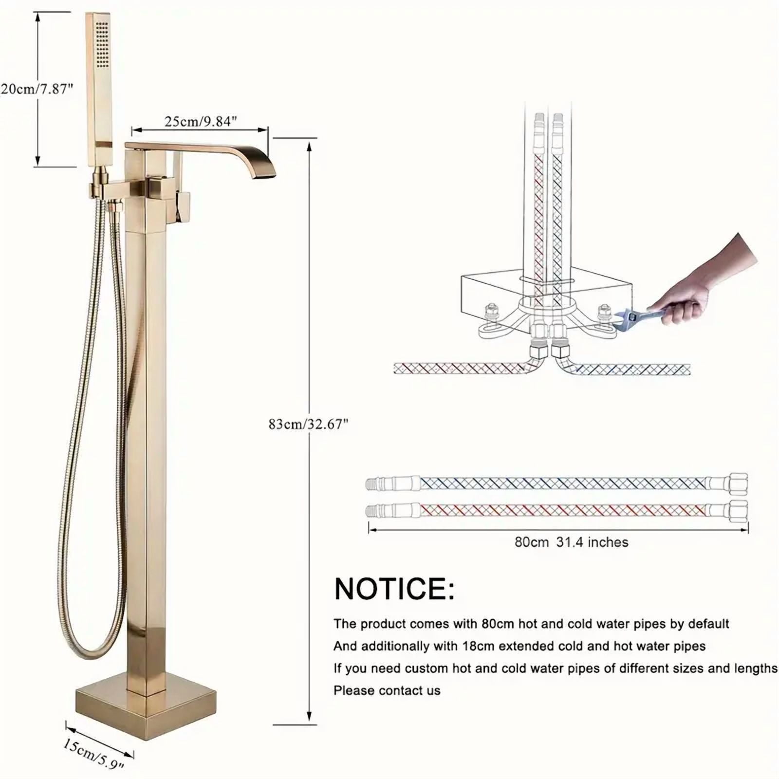Floor Mounted Brushed Gold Free Standing Bathtub Faucet Shower Tub Filler Spout