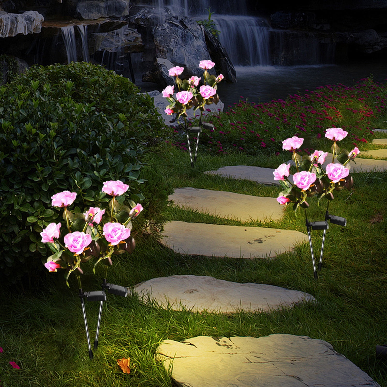Solar Garden Lights Outdoor, 2 PackSolar Flower Lights Outdoor Waterproof with 16 Rose, 2 Modes Realistic Rose Flower for Yard, Pathway, Garden Decor & Gardening Gift