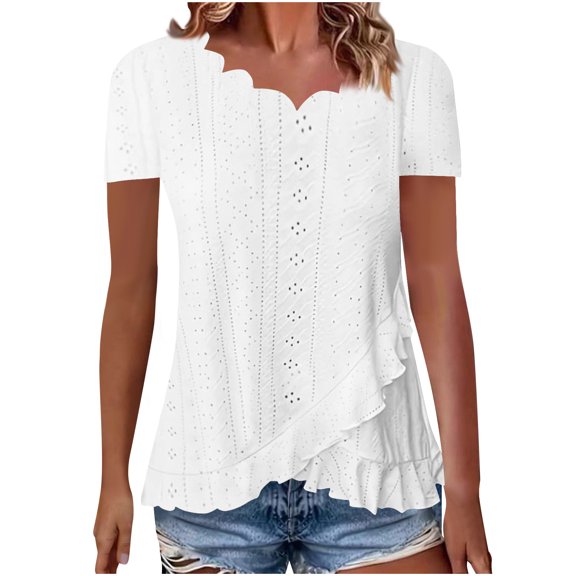 Tsesme Women's V-Neck Eyelet Tops Fashion Irregular Ruffle Hem Short Sleeve Shirt Summer Casual Loose T-Shirts
