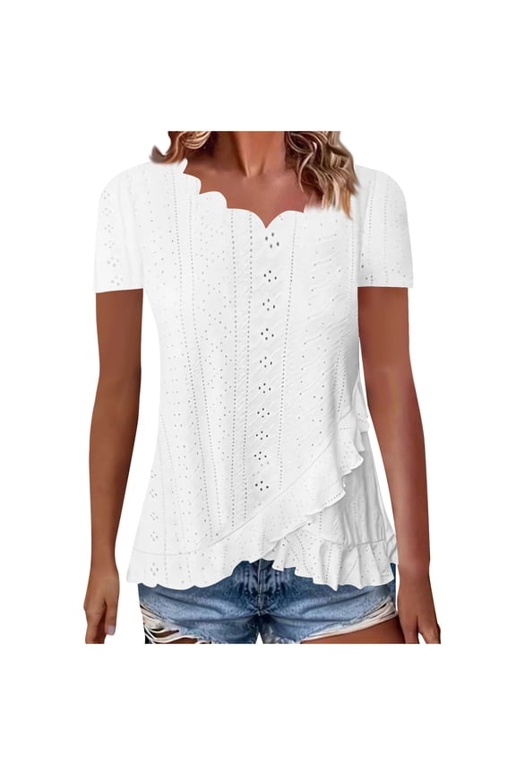 Women's Casual V-Neck Short Sleeve Blouse Loose Ruffle Hem Lace Tops Vintage Fashion Shirts for Street Shopping Vacation, White L