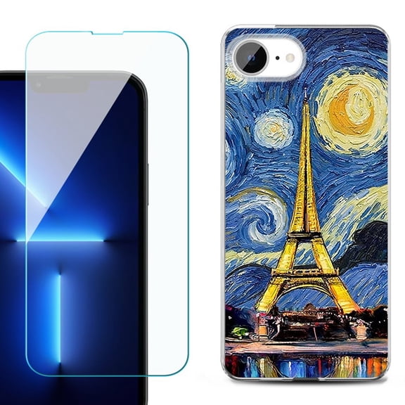 For For iPhone 16e Phone Case Cover, Shockproof Case with Tempered Glass Screen Protector, by OneToughShield - Starry Night Eiffel