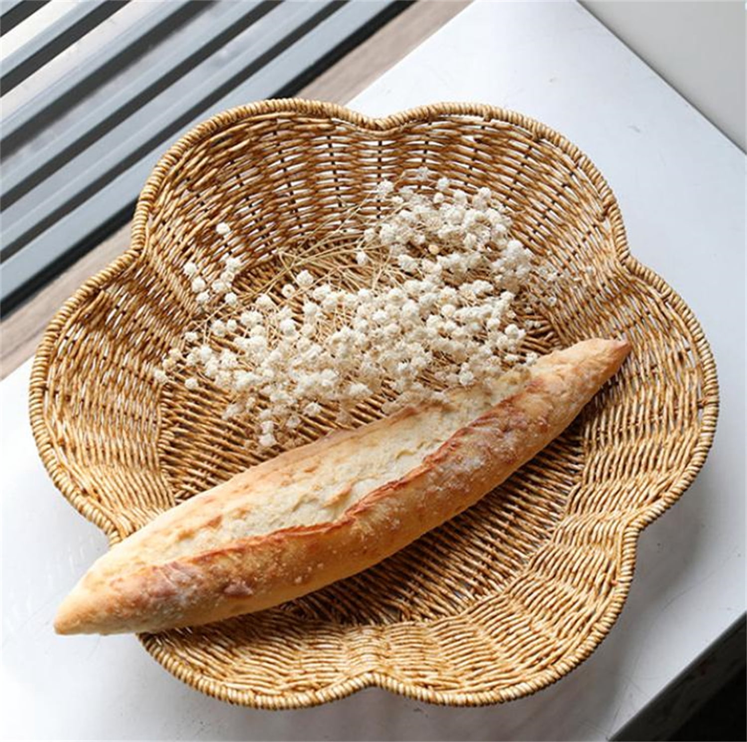 Rattan Round Woven Basket,Happon Round Serving Bowl,Decorative Basket Serving Basket for Kitchen Countertop Organizing