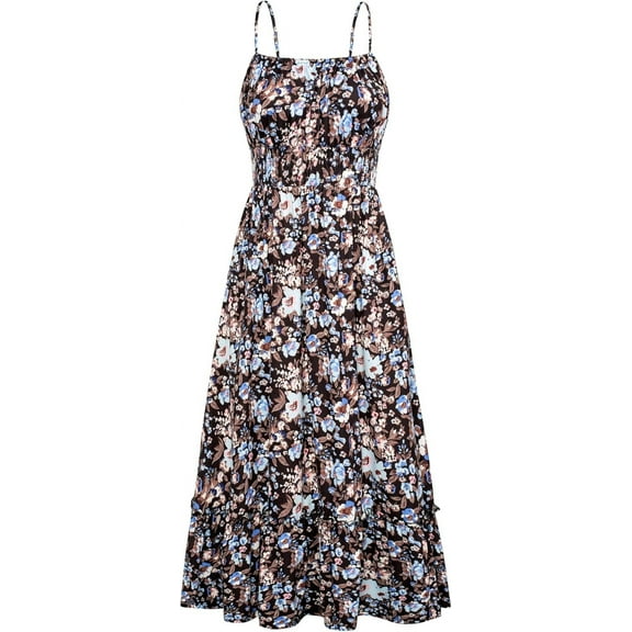 Womens 2025 New Summer Maxi Dress Sleeveless Floral Spaghetti Strap Smocked Boho Beach Long Dress with Pockets