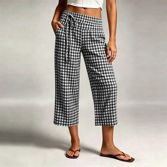 Kinrui Women Plaid Capri Pants Elastic Waist Wide Leg Cropped Pant Casual Lounge Capris Beach Vacation Trousers with Pockets Black 2XL