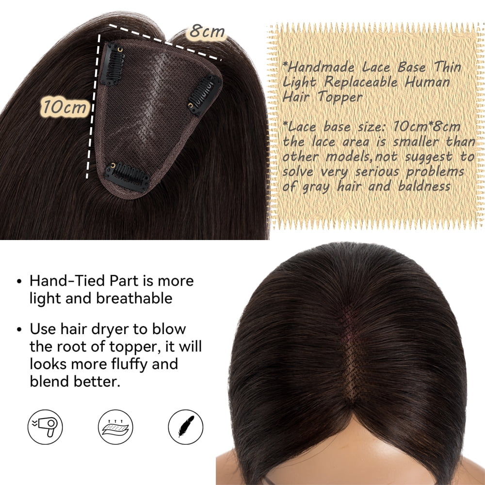 Benehair Clip In Hairpiece 100% Remy Real Human Hair Topper Hair Piece Wigs Handtied Lace Base For Woman Thin Hair Loss Top Piece 8cmx10cm Brown