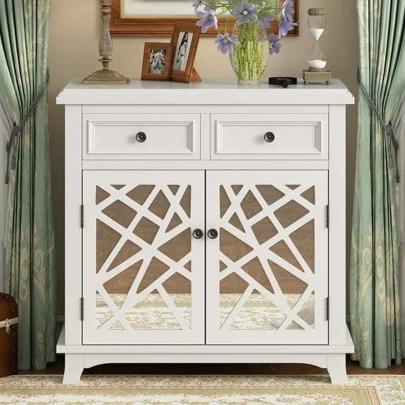 Retro Storage Cabinet with Drawers and Shelf, Solid Wood Entryway Console Table Sideboard with Inner Mirror Doors for Living Room Hallway, White, 30.3 x 30.7 x 14 Inch