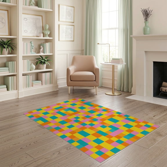 ODIKA Whimsical Plaid Motif Vibrant Geometric Contemporary Playroom for Home Office, Gaming Room, Under Desk, Non-Slip Chair-Friendly